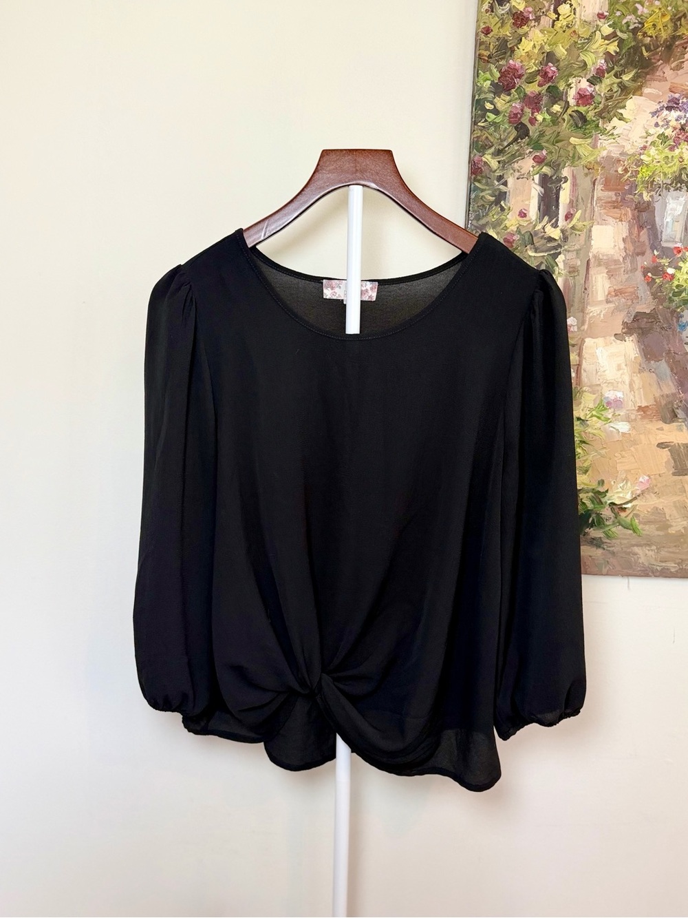 Pink Rose Black Twist Front Balloon Sleeve Blouse Large